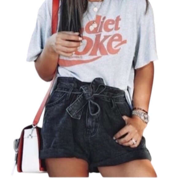 Zara Hi-Rise Belted Black Denim Shorts with Rolled Cuff New with Tag - Picture 1 of 14